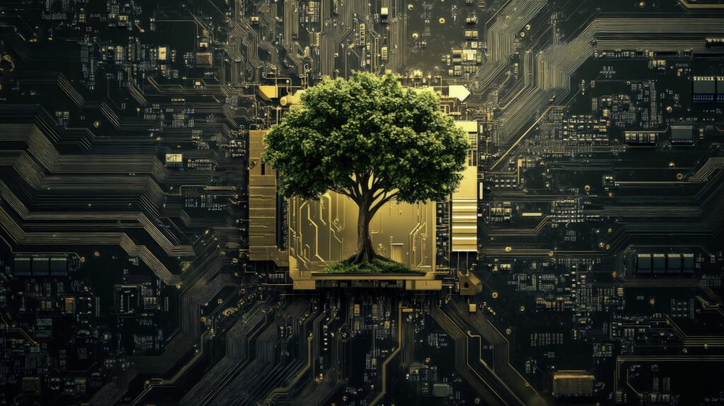 green tree is growing from a golden computer chip circuit board